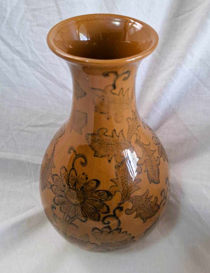 Chinese Porcelain Vase, Floral Design with Golden-Brown Glaze