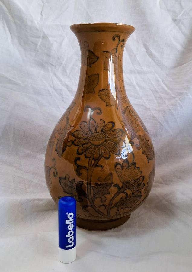 Chinese Porcelain Vase, Floral Design with Golden-Brown Glaze