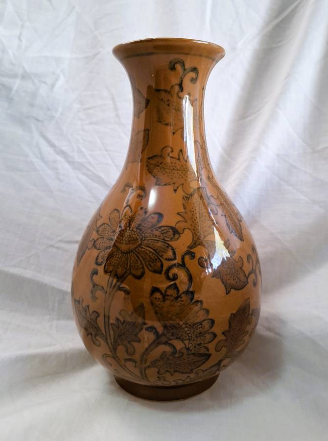 Chinese Porcelain Vase, Floral Design with Golden-Brown Glaze
