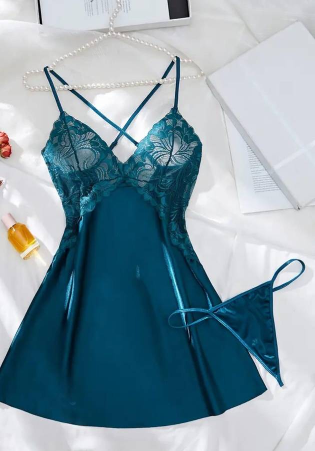 Lace Spaghetti Strap Nightie with Thong - Jade Green