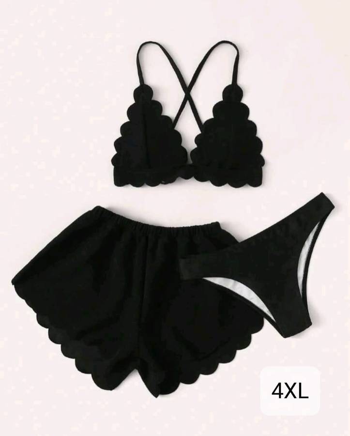 Swim Vcay Summer Beach 3pc Scalloped Trim Plus Size Bikini Set