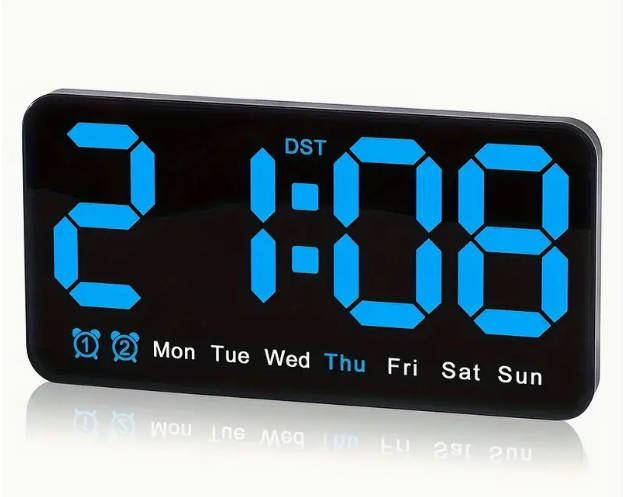 Digital Alarm Clock Wall Display, 24.13cm LED Display Clock with Dual Alarm, DST, - Blue Display