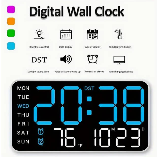 Voice-Controlled Digital Wall Clock with Temperature, Date & Week Display - Dual Alarm Clock - Green