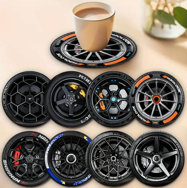 8-Pack Wooden Tire Coasters, Heat-Resistant & Non-Slip Mag Style coaster