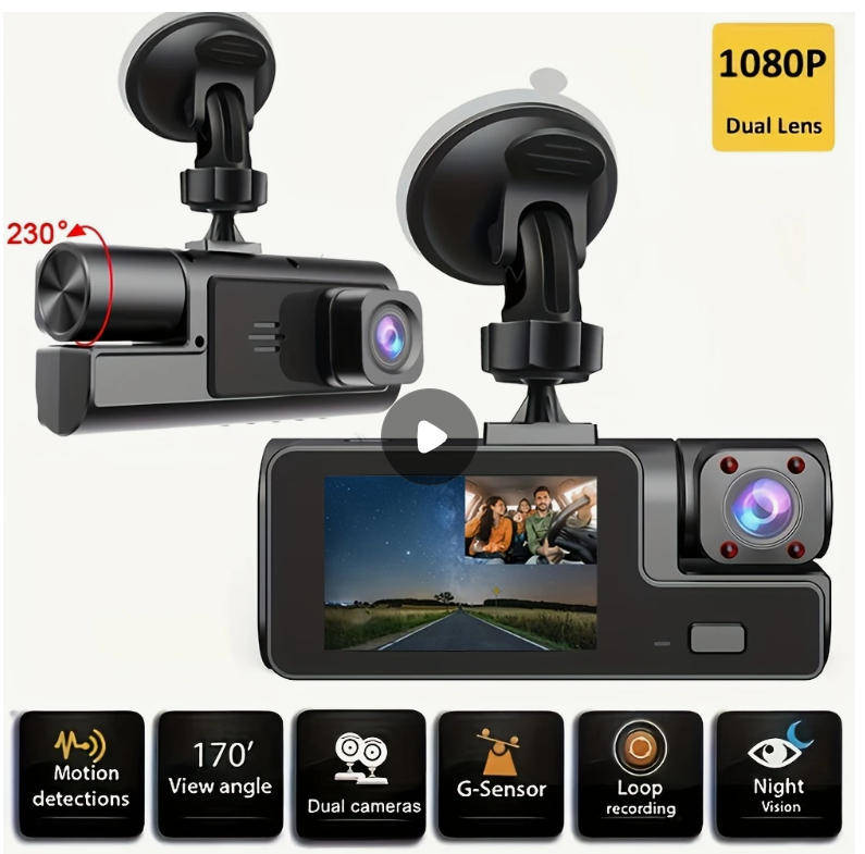 Dual Dash Cam Front 1080P + Cabin 720P, 170° Wide Angle, Night Vision, 24H Parking