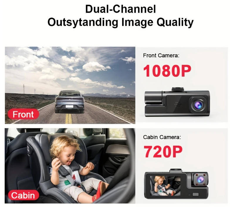 Dual Dash Cam Front 1080P + Cabin 720P, 170° Wide Angle, Night Vision, 24H Parking