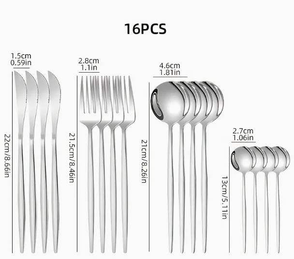 16pcs Silver/ Stainless Steel Flatware Set, Polished  Elegant Dinner Knives, Forks, Spoons,