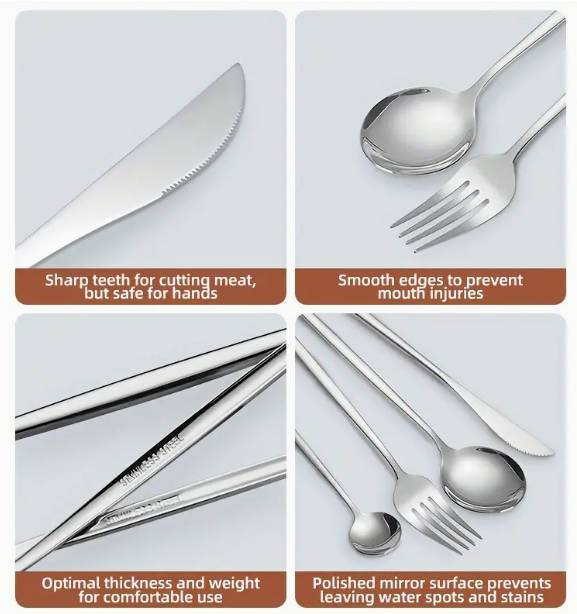 16pcs Silver/ Stainless Steel Flatware Set, Polished  Elegant Dinner Knives, Forks, Spoons,