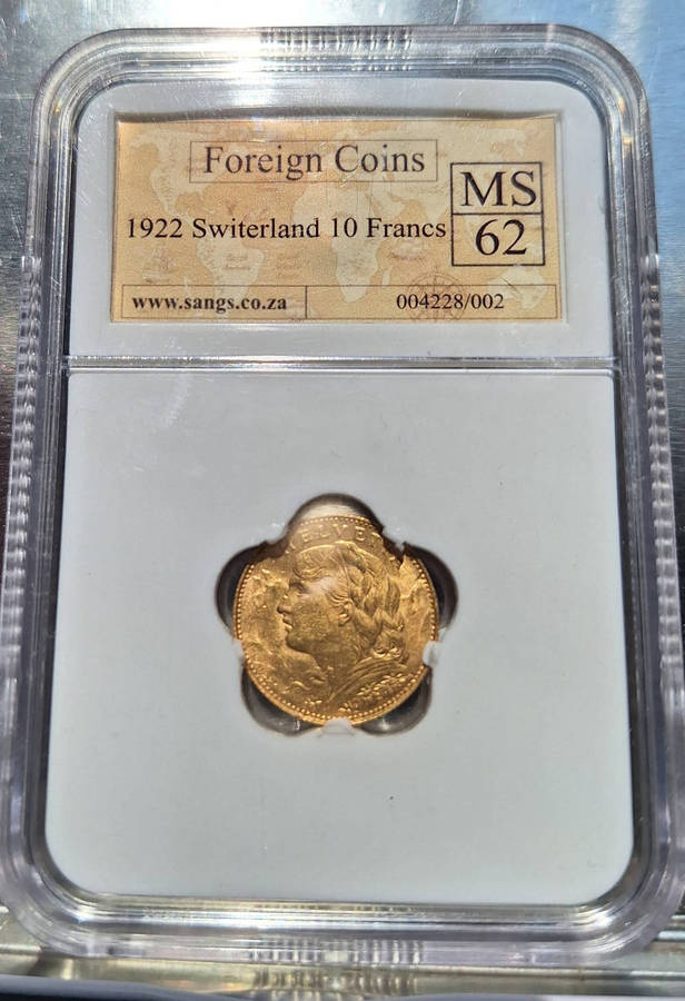 GOLD COIN SWITZERLAND 1922 10 FRANCS