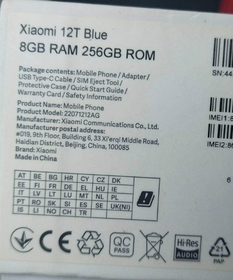 BARGAIN 5G CELLPHONE XIAOMI 12T  256GB RAM/ 8GB ROM