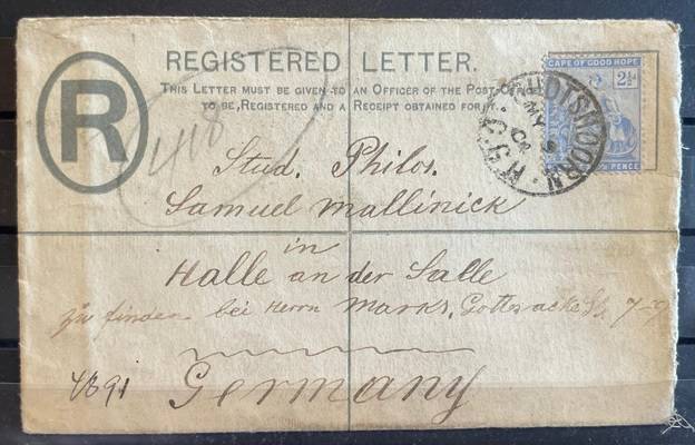 1904 - WESTERN T.P.O. 4d KEVII POSTAL STATIONERY REGISTERED COVER - OUDTSHOORN, CGH TO HALLE GERMANY