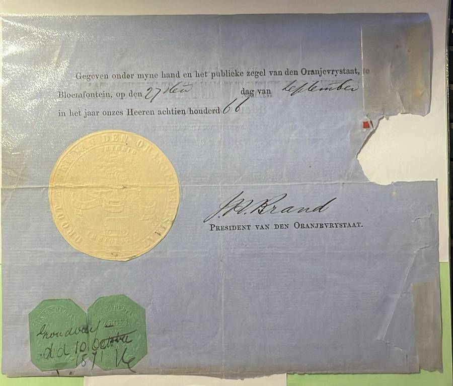 OFS 1866 - PRESIDENT JH BRAND SIGNED LAND GRANT DOCUMENT + DRIE POND & EEN POND ZEGELS