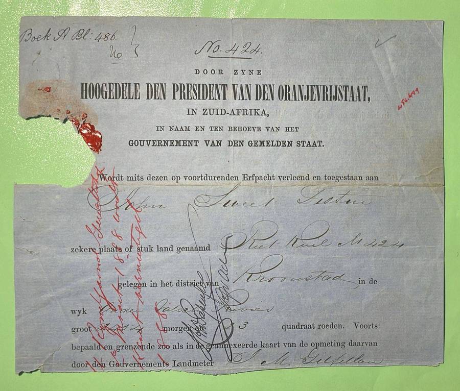 OFS 1866 - PRESIDENT JH BRAND SIGNED LAND GRANT DOCUMENT + DRIE POND & EEN POND ZEGELS