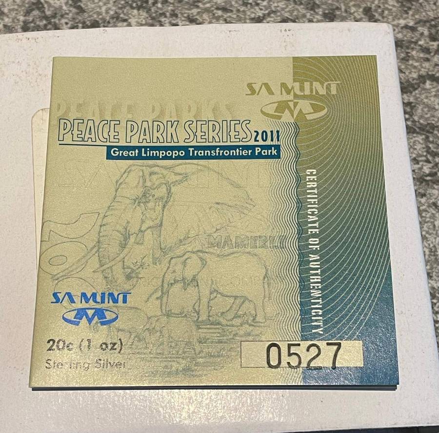 SILVER 1 OUNCE Sterling Silver Proof 20c 2011 Peace Park Great Limpopo Transfrontier Park - No. 0527
