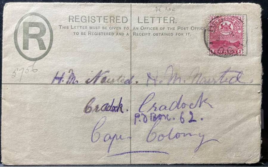CAPE COLONY QV REG. COVER 1901 N.E. T.P.O. - DE AAR TO CRADOCK