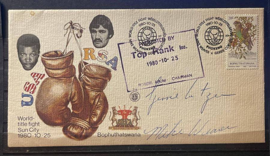 GERRIE COETZEE AND MIKE WEAVER SIGNED FDC SUN CITY WORLD TITLE FIGHT 1980