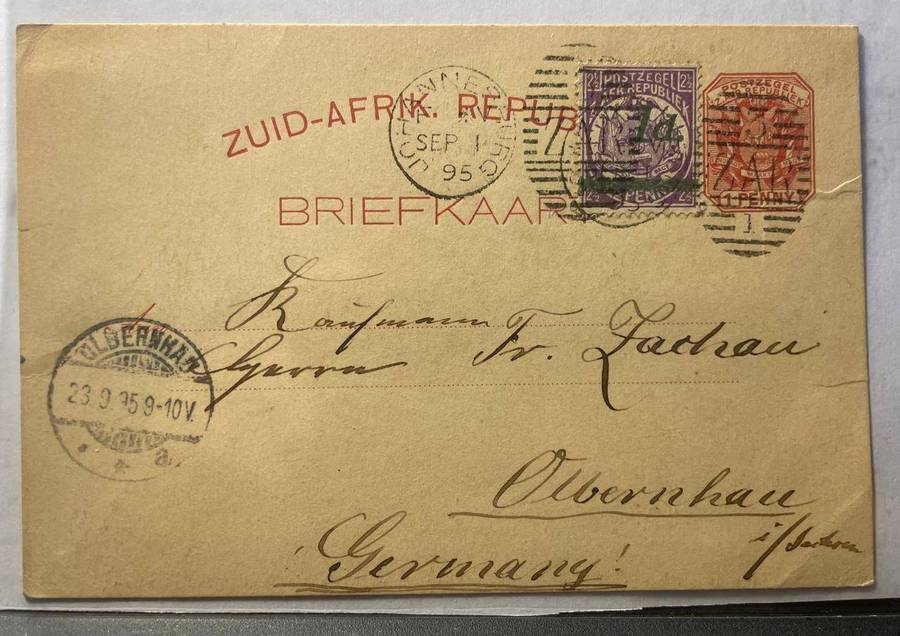 ZAR - 1895 DUPLEX HAND CANCELLER ON PC TO GERMANY [JHB 1/10/1895] 3/ZAR/1