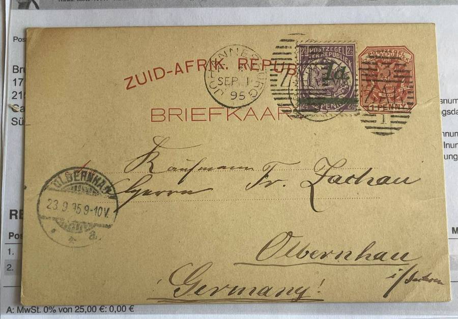 ZAR - 1895 DUPLEX HAND CANCELLER ON PC TO GERMANY [JHB 1/10/1895] 3/ZAR/1