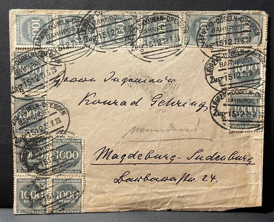 GERMANY - CV 100 EURO - 1923 LEIPZIG TO DRESDEN TRAIN COVER ZUG 1512 CV R2100