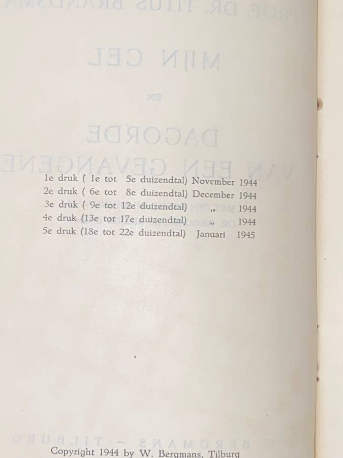 MIJN CEL DAGORDE VAN EEN GEVANGENE DOOR PROF DR TITUS BRANDSMA 1945 DUTCH