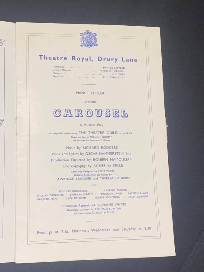 THEATRE ROYAL DRURY LANE - CAROUSEL SOUVENIR PROGRAMME 1950