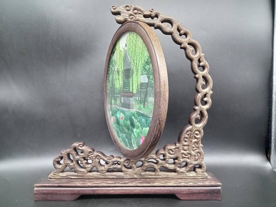 Vintage! Chinese - Silk Shu - Embroidery Art on Wooden Lacquer Swivel Stand
