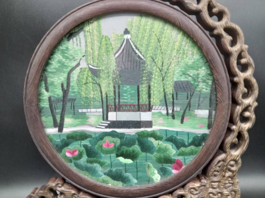 Vintage! Chinese - Silk Shu - Embroidery Art on Wooden Lacquer Swivel Stand