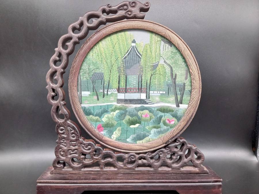Vintage! Chinese - Silk Shu - Embroidery Art on Wooden Lacquer Swivel Stand