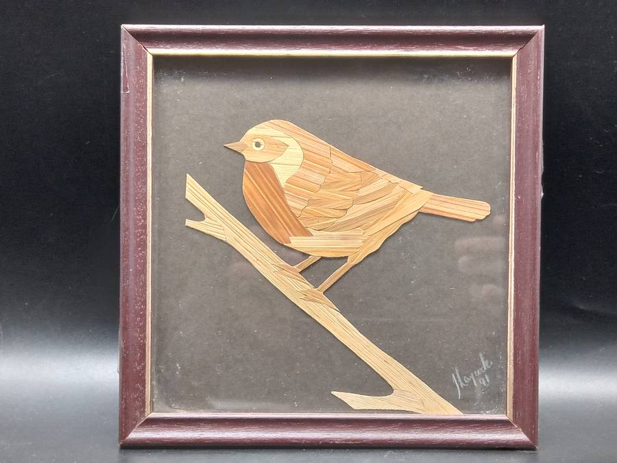 Vintage! Framed -Straw Art- Robin On A Branch