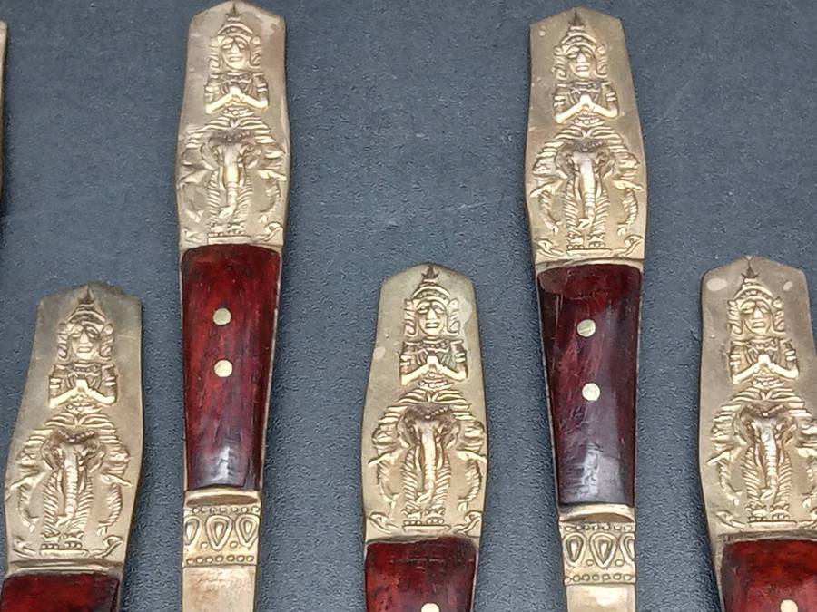 Vintage! - Thai - Bronze - Teak Wooden Handle - 18 Pc Set of Tea Spoons and Cake Forks