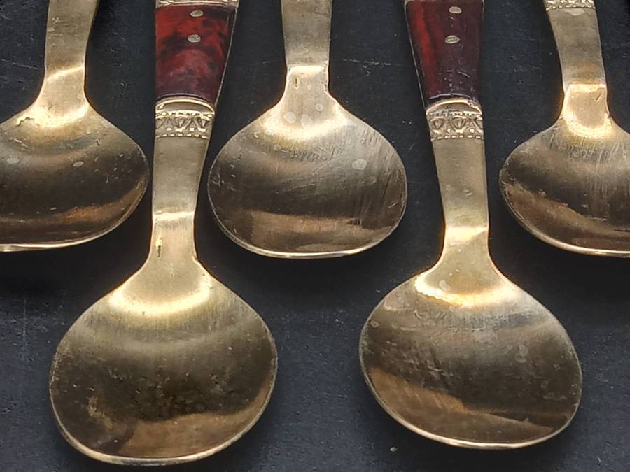 Vintage! - Thai - Bronze - Teak Wooden Handle - 18 Pc Set of Tea Spoons and Cake Forks