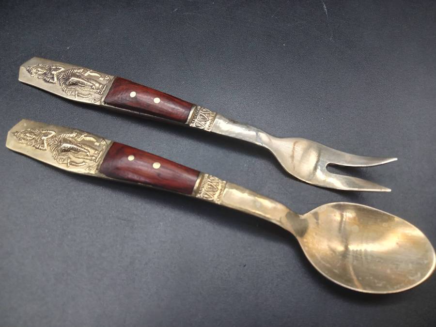 Vintage! - Thai - Bronze - Teak Wooden Handle - 18 Pc Set of Tea Spoons and Cake Forks