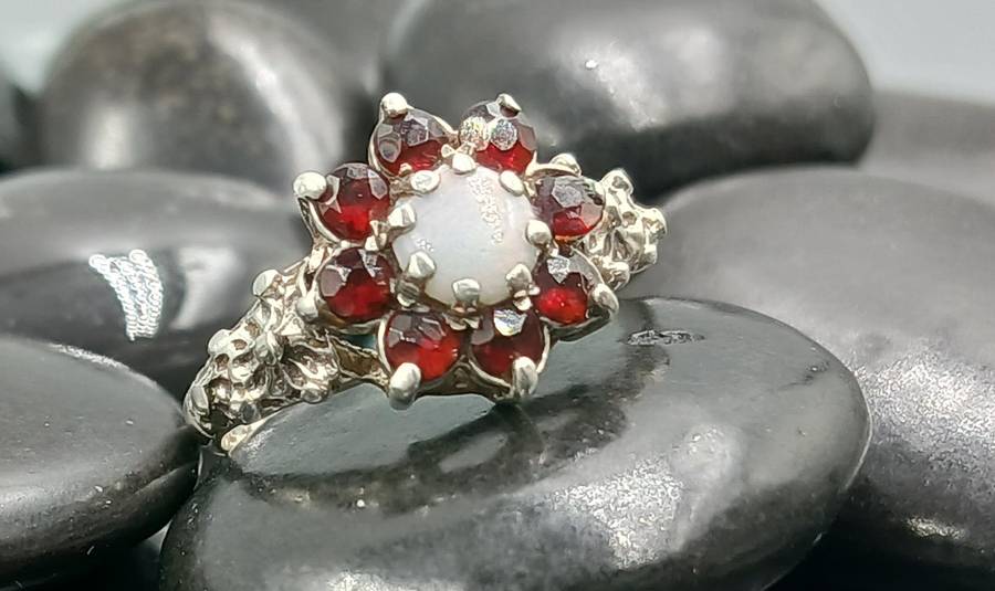 Vintage Opal and Garnet Sterling Silver Ring