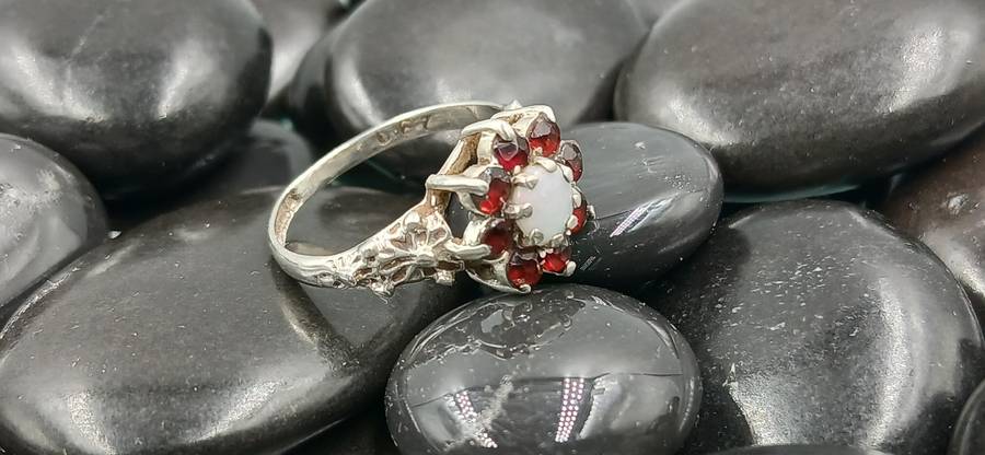 Vintage Opal and Garnet Sterling Silver Ring
