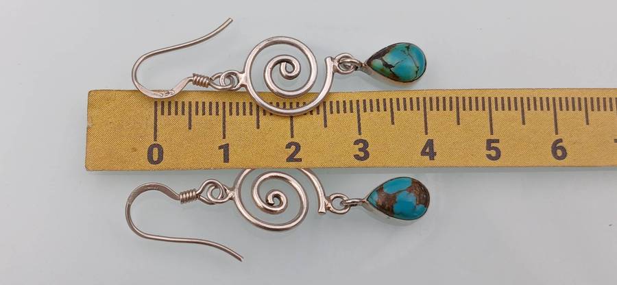 Pair of Sterling Silver Spiral Earrings with Turquoise Teardrop