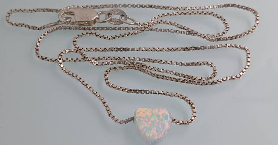 Opal Stone Heart Sterling Silver Chain Necklace