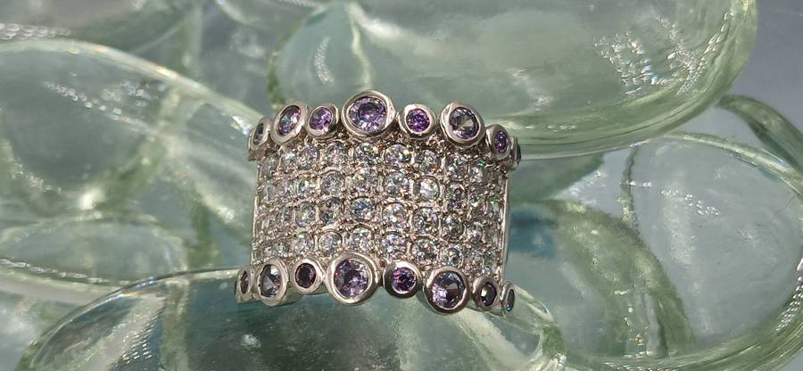 Wide Sterling Silver Ring with Amethyst Abstract Bubbles