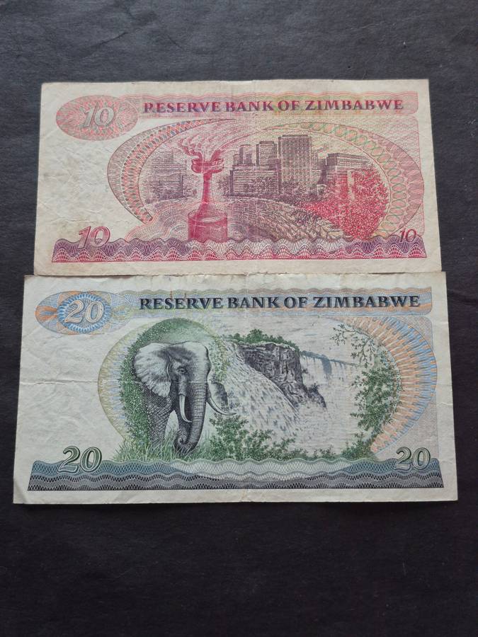 Reserve Bank of Zimbabwe 10 Dollars Harare 1994 and 20 Dollars Harare 1994