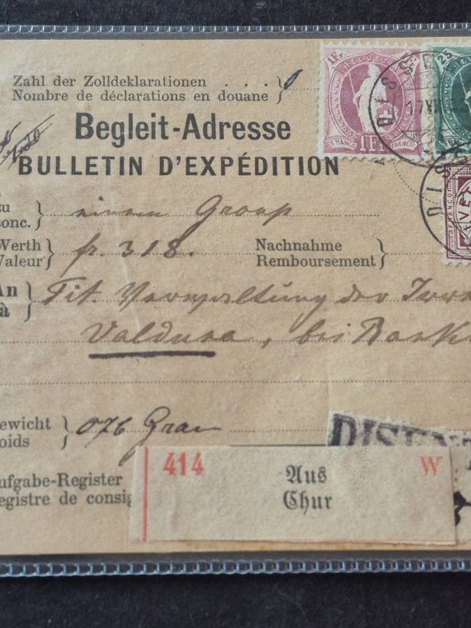 Switzerland "Coupon" 1883 with 5 & 25 Rappen & One Frank Stamps - used with Disentis Postmark