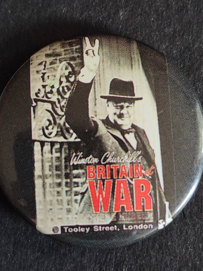 Vintage Winston Churchill Pin Badge (Winston Churchill Britain's at War)38mm x 38mm
