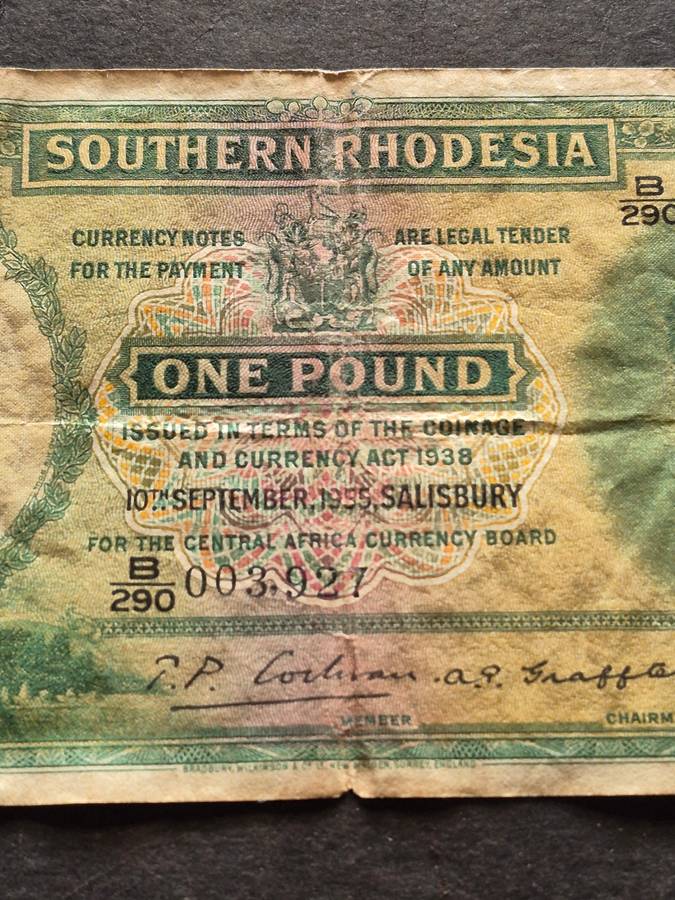 Southern Rhodesia One Pound Salisbury Rhodes Watermark 10 September 1955