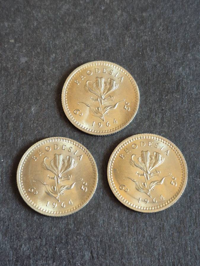 3 x Rhodesia 5 Cents 1964 (excellent condition)