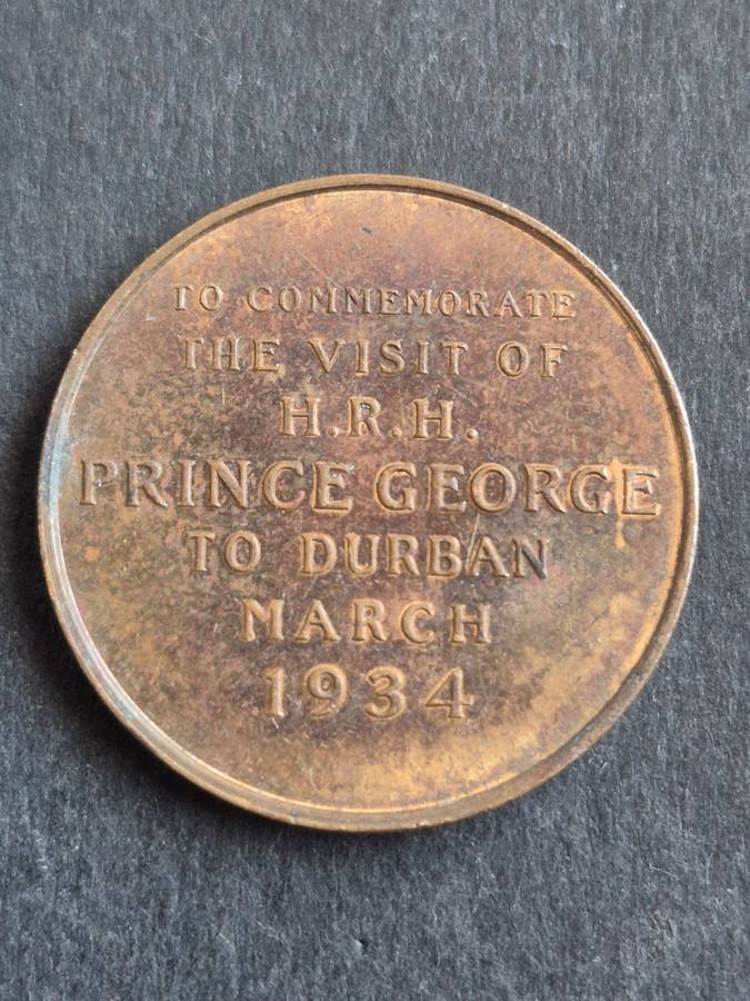 1934 King George Royal Visit to Durban Medallion