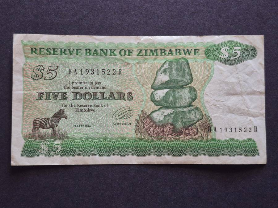 Reserve Bank of Zimbabwe 5 Dollars Harare 1994 Bird Watermark