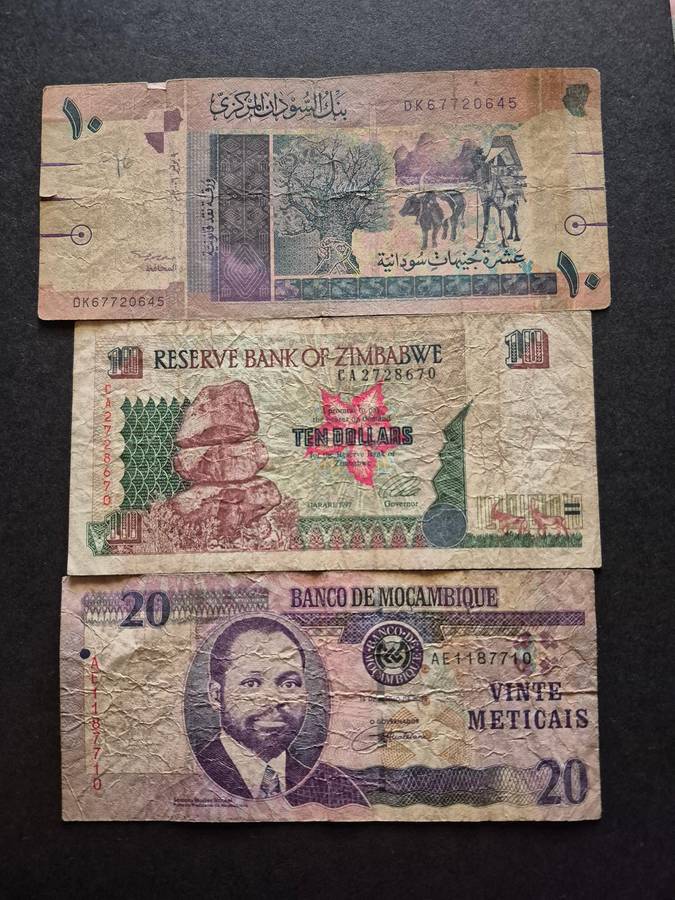 3 x Africa Notes Sudan 10 Pounds,  Zimbabwe 10 Dollars and Mozambique 20 Meticais