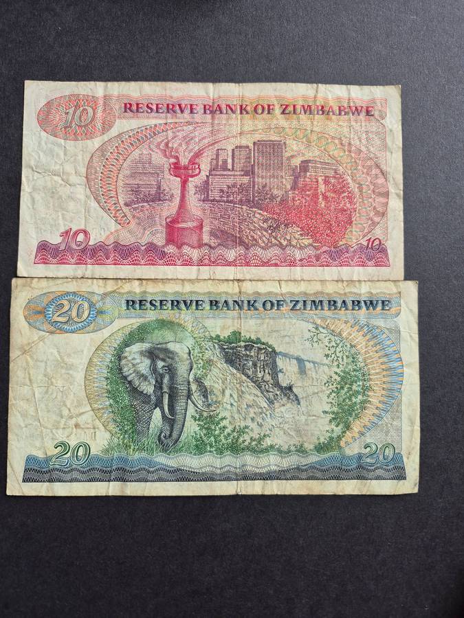 Reserve Bank of Zimbabwe 10 Dollars Harare 1983 and 20 Dollars Harare 1994