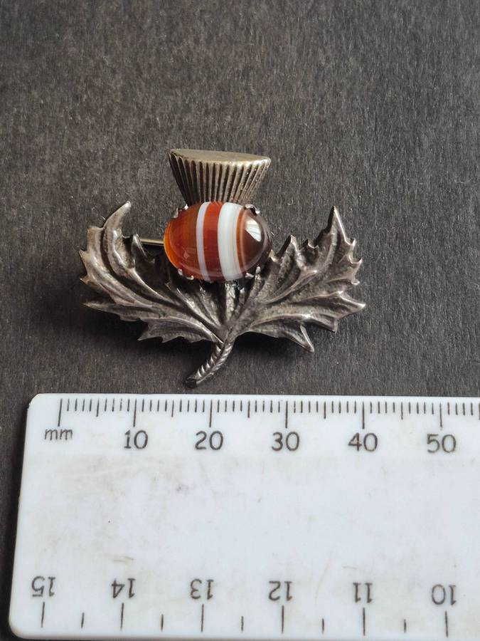 Vintage Robert Allison Scottish Hallmark Silver Tistle Brooch with Citrine Celtic 11.2g