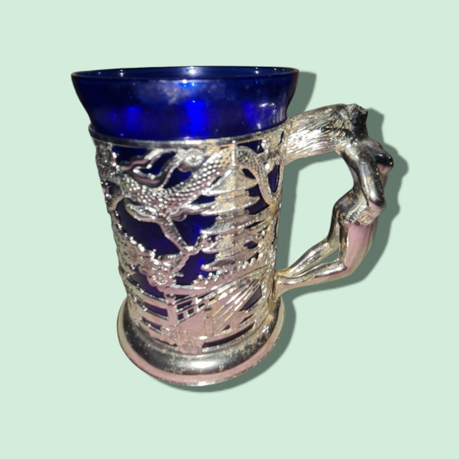 Two Stylish Naked Lady mugs- Blue Glass & Chrome  Mug Oriental Theme  Vintage 1960s  Mid Century