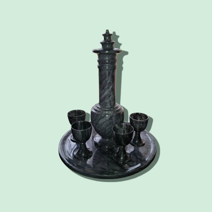 Vintage Green Jade Marble Sake Set with 4 Pedestal Cups, Decanter, & Tray