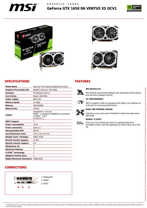 MSI GeForce GTX 1650 D6 Ventus XS Desktop Graphics Card